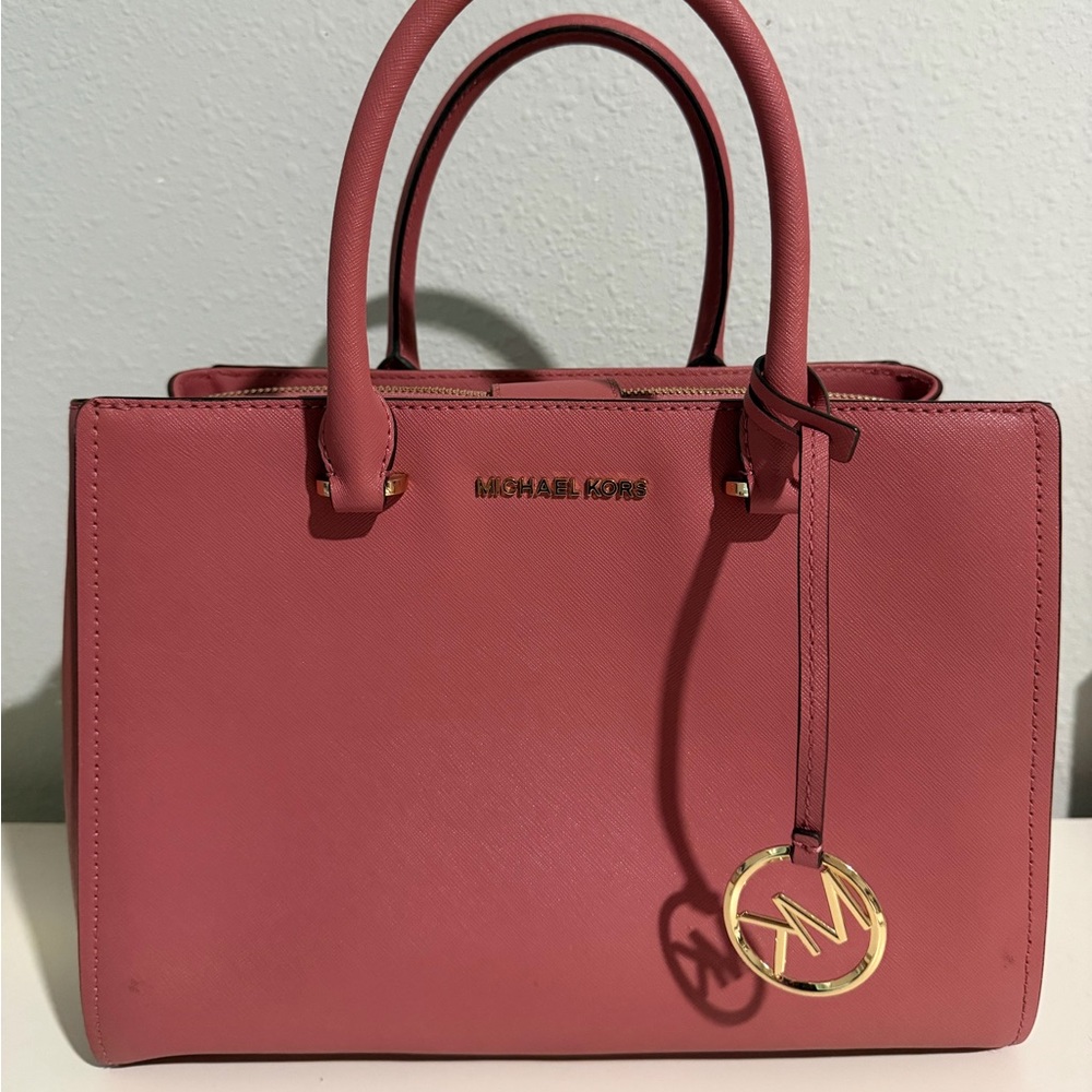 Michael Kors Leslie Medium Satchel Tulip Pink Leather Purse Gold Hardware